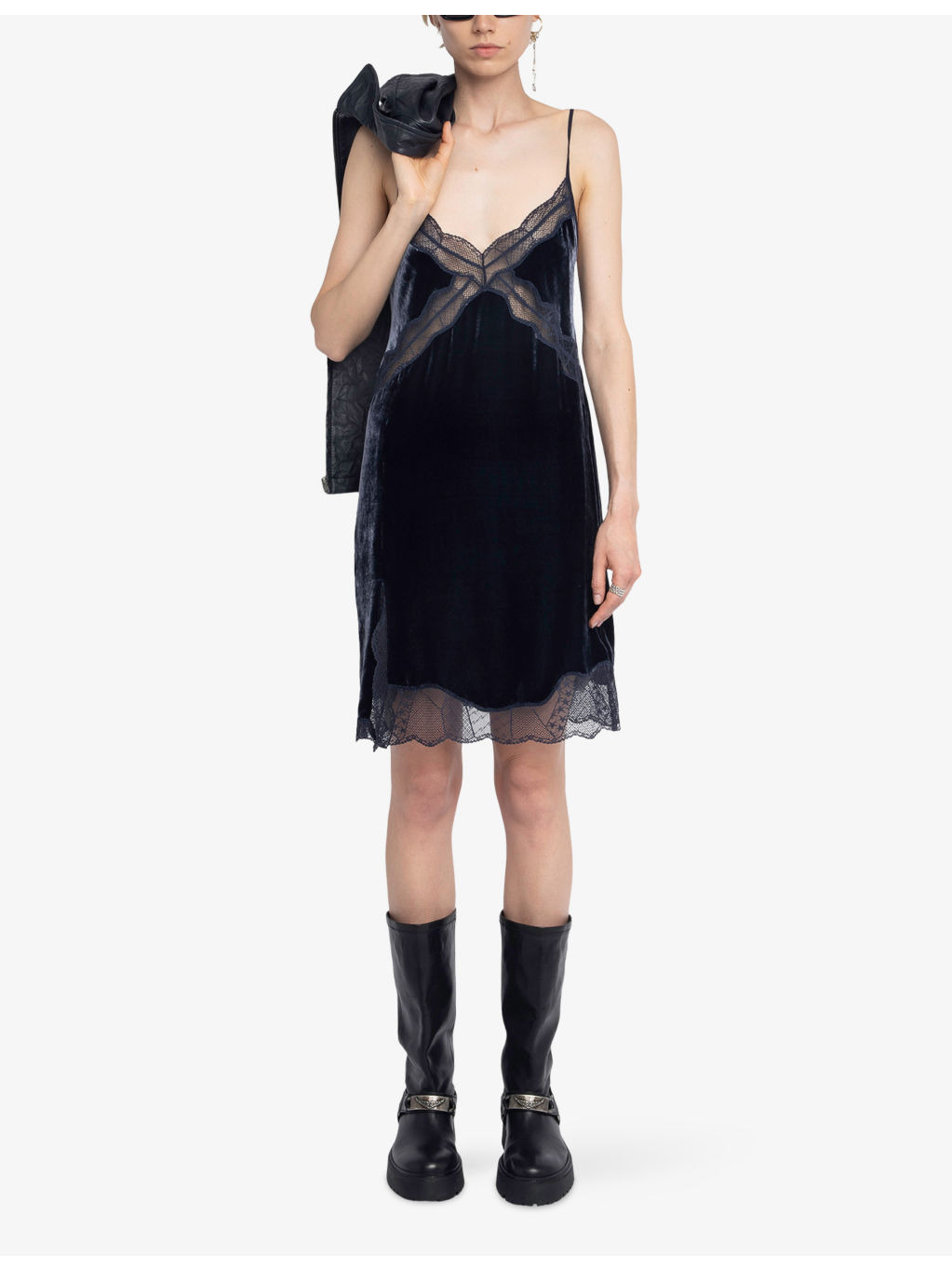Rishi French-Lace Trimmed Velvet Blend Mini Dress - 2