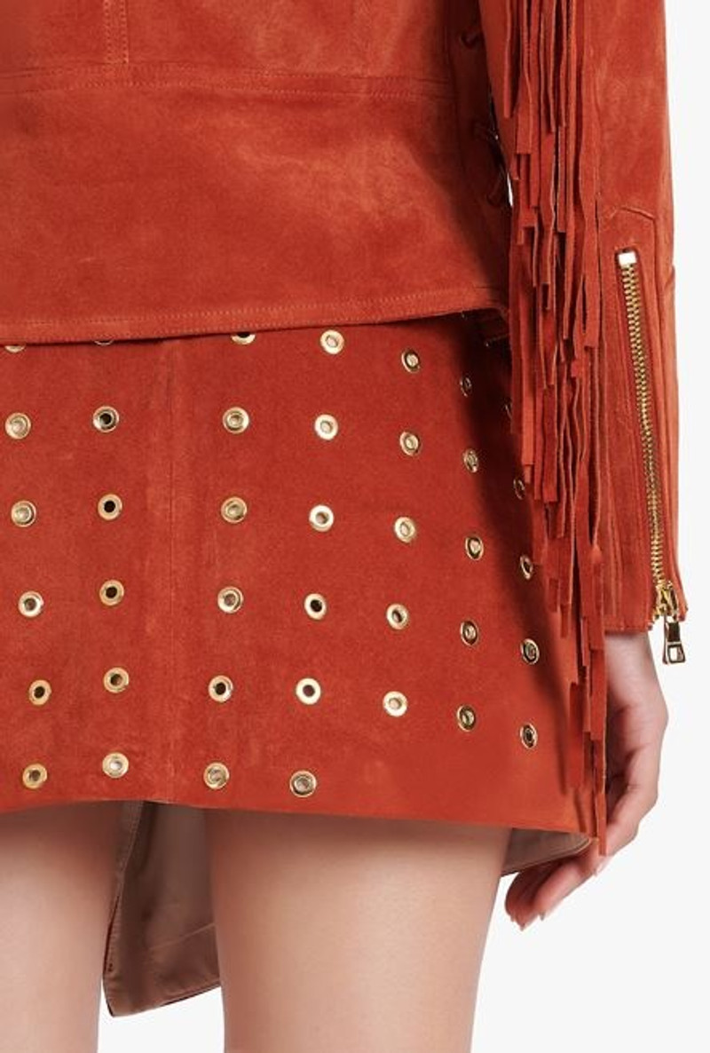 Balmain x Netflix -Terracotta and golden suede biker jacket 10