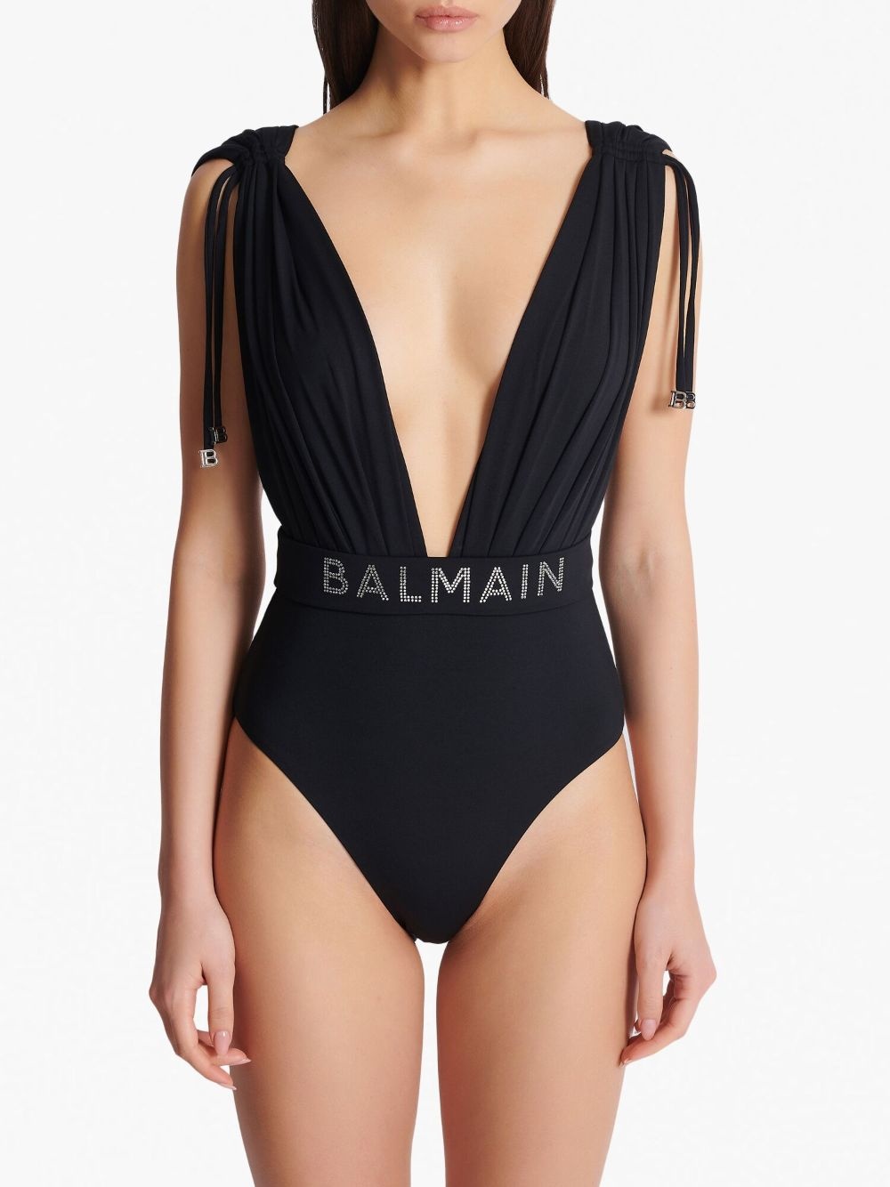 logo-embellished draped-detailing swimsuit - 5