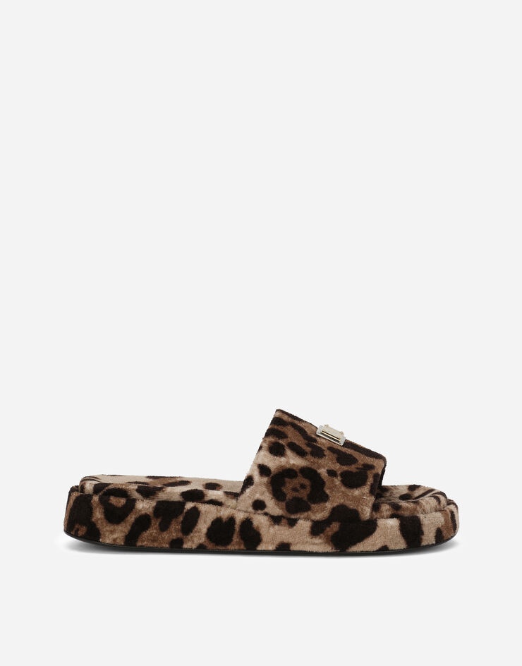 Leopard-print terrycloth sliders with tag with two plating finishes - 1