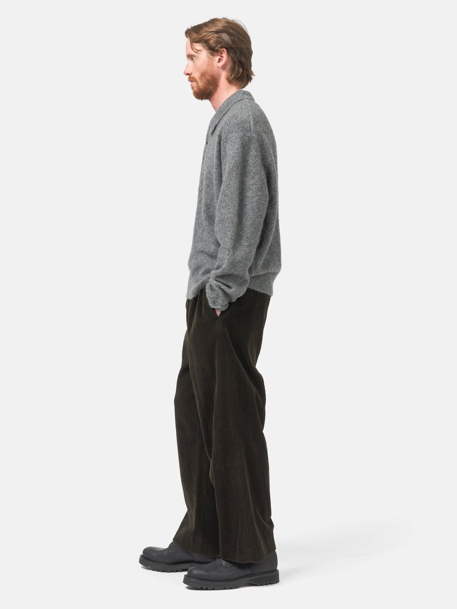 Wool Corduroy Wide Tapered Trousers Khaki - 3