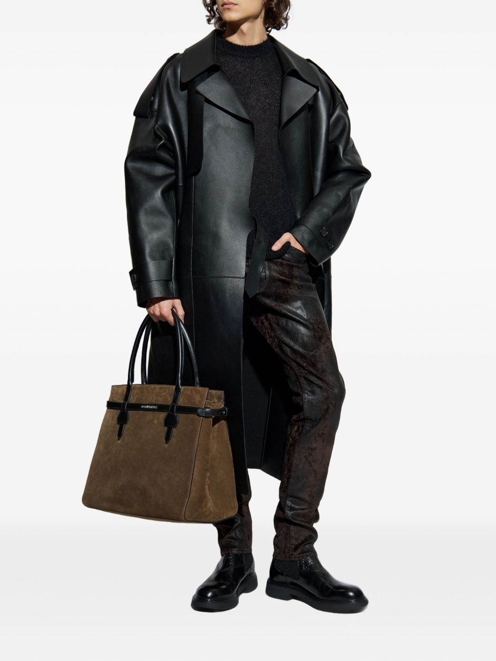 belted trench leather coat - 2