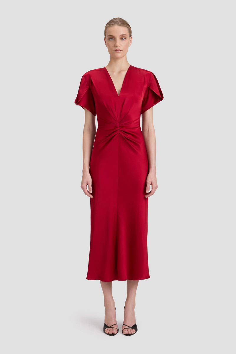 Victoria Beckham Gathered V-Neck Midi Dress In Rose outlook