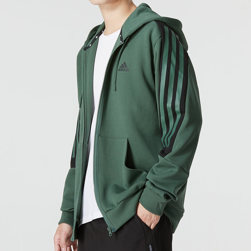 Men's adidas Stripe Logo Athleisure Casual Sports Knit Hooded Jacket Autumn Green HC5841 - 4