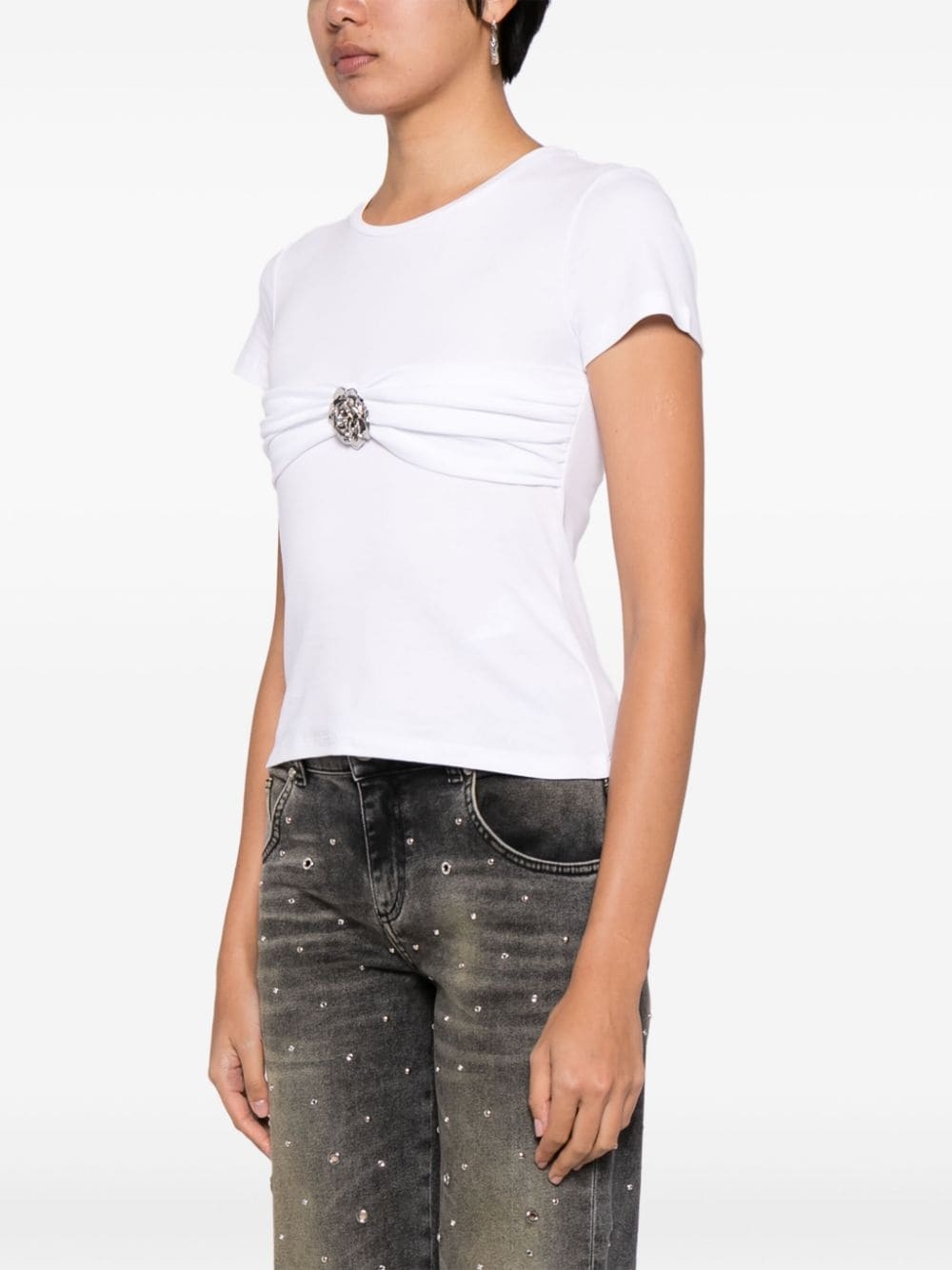 rose-brooch cotton T-shirt - 3