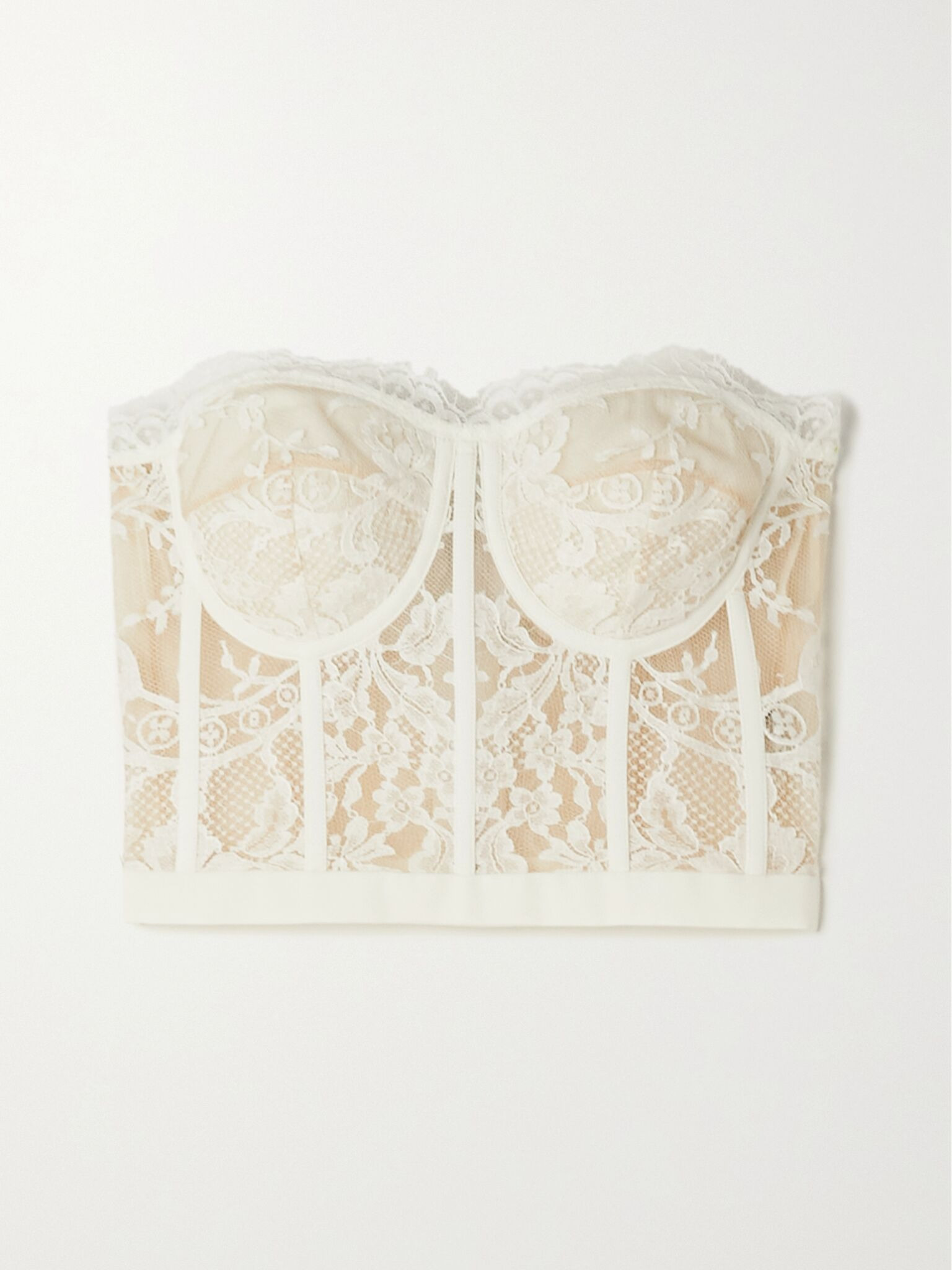 Satin-trimmed cotton-blend corded lace bustier top Ivory - 1