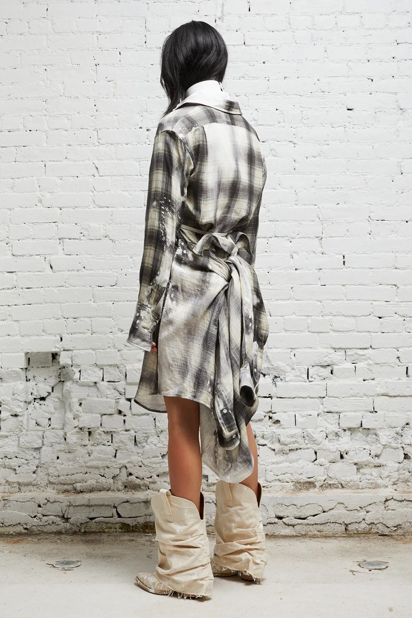 TIE SHIRTDRESS - BLEACHED GREY PLAID - 3