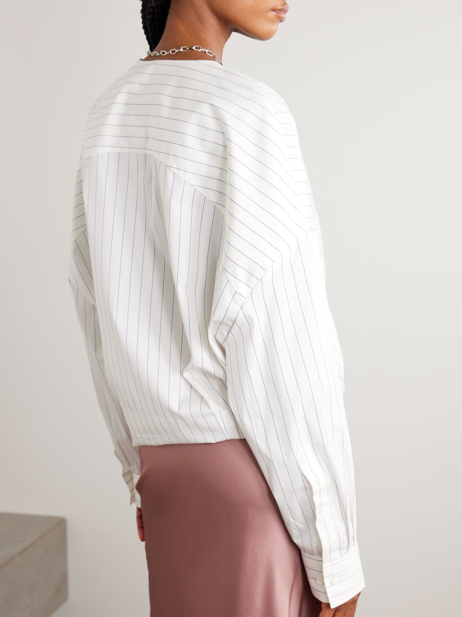 Oversized wrap-effect pinstriped cotton-poplin blouse White - 3