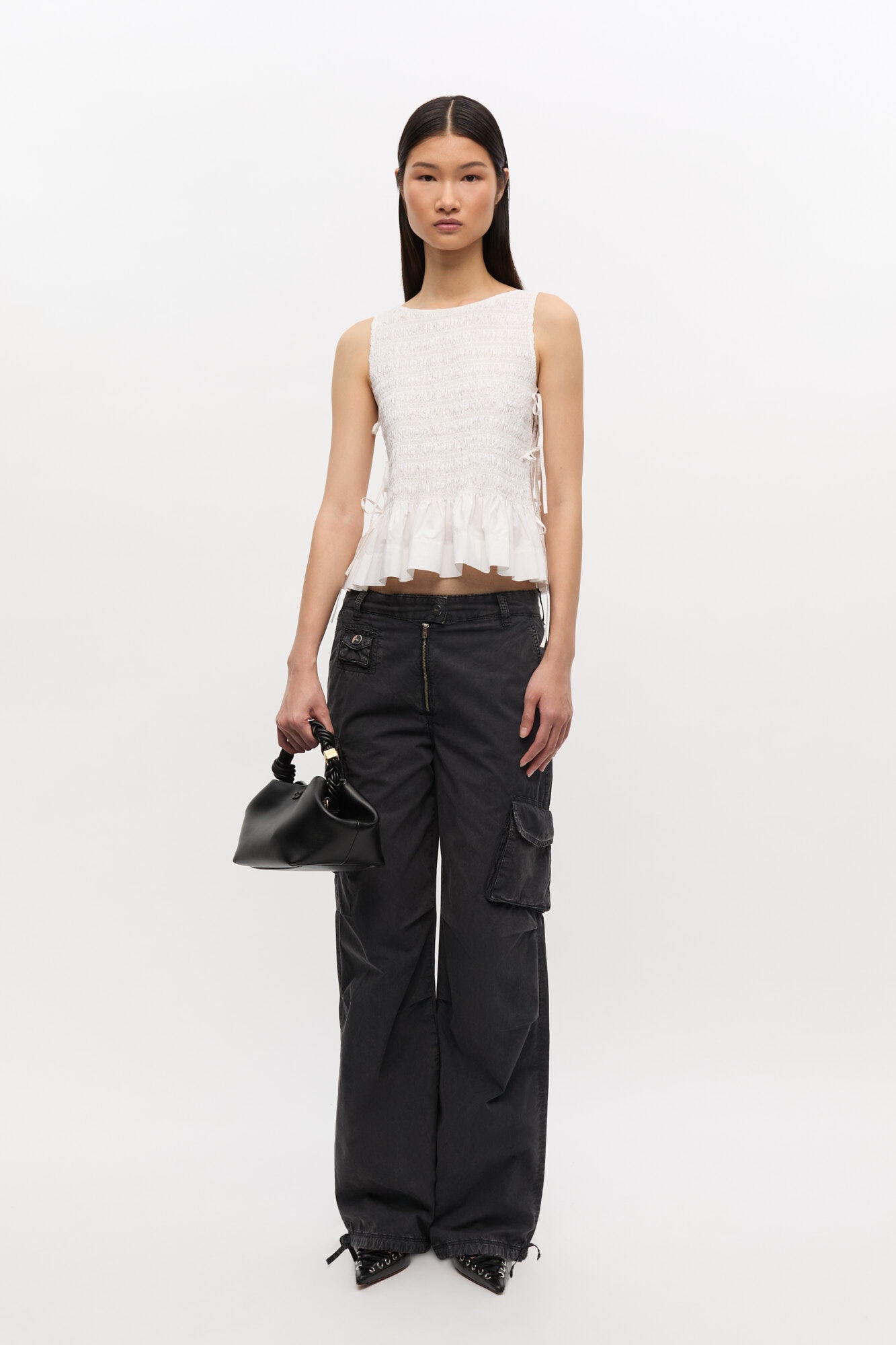 WHITE COTTON SMOCK TIE TOP - 3