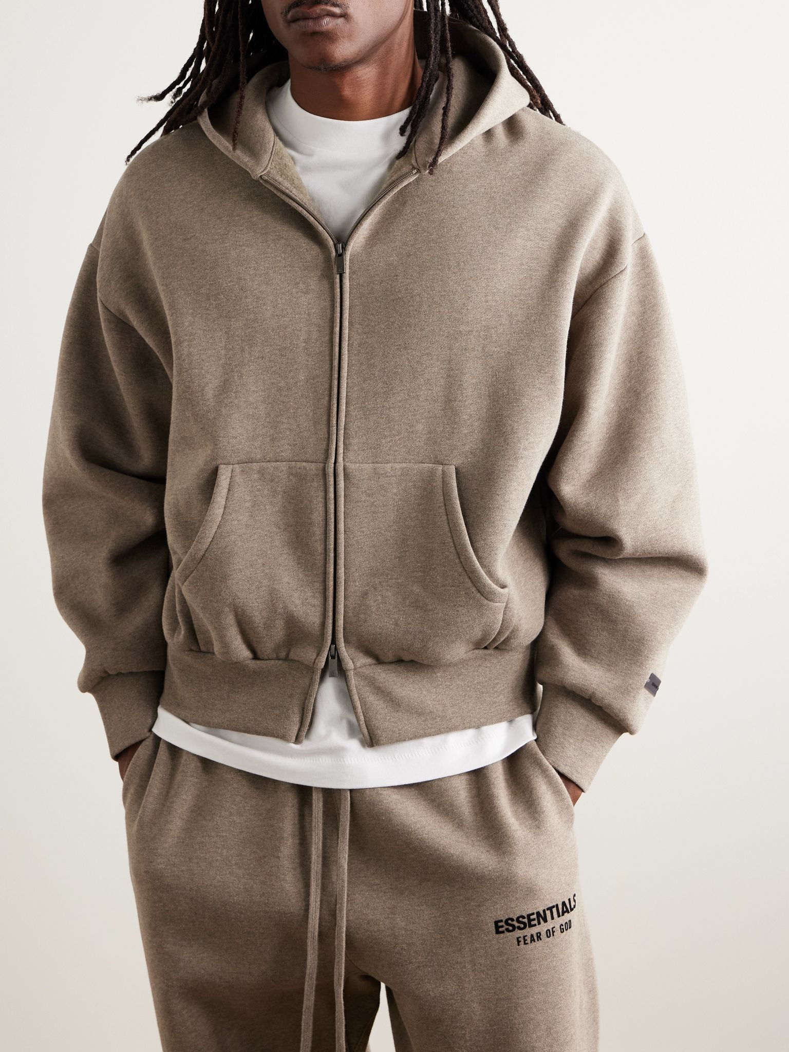 Logo-Appliquéd Cotton-Blend Jersey Zip-Up Hoodie Taupe - 3