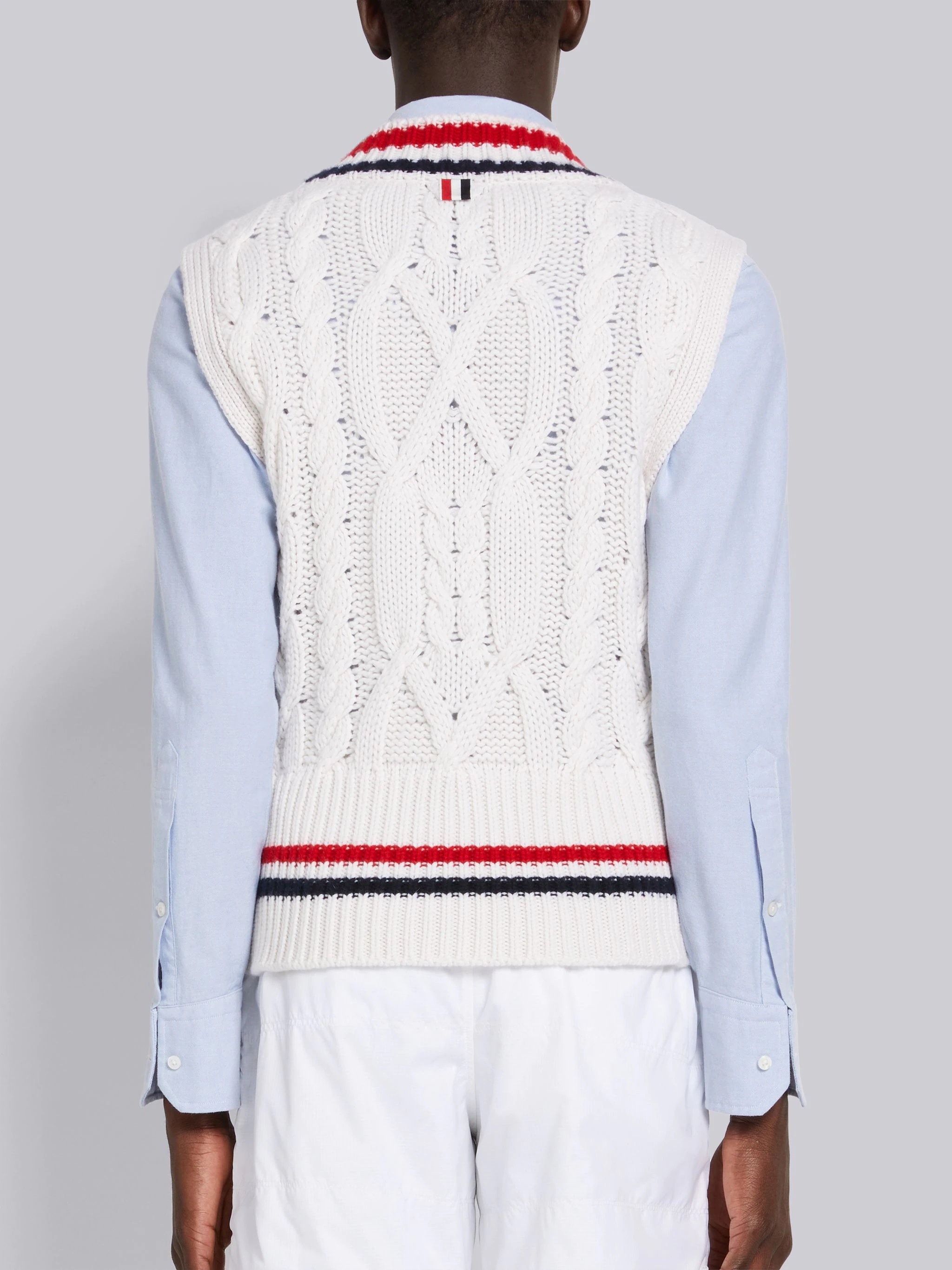 White Cashmere Stripe Trim Cable Knit V-Neck Vest - 3