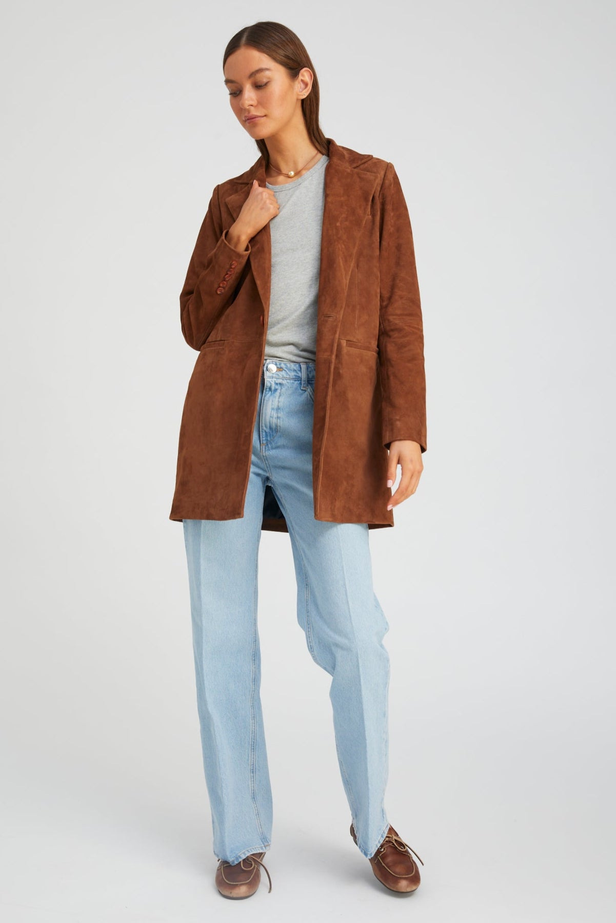 DARK COGNAC SUEDE LONG BLAZER - 3