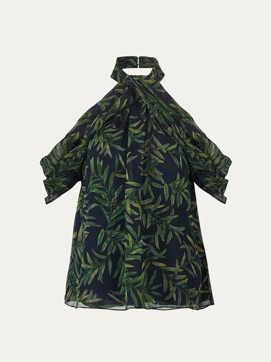 Olive-Print Draped Cold-Shoulder Chiffon Halter Blouse - 1