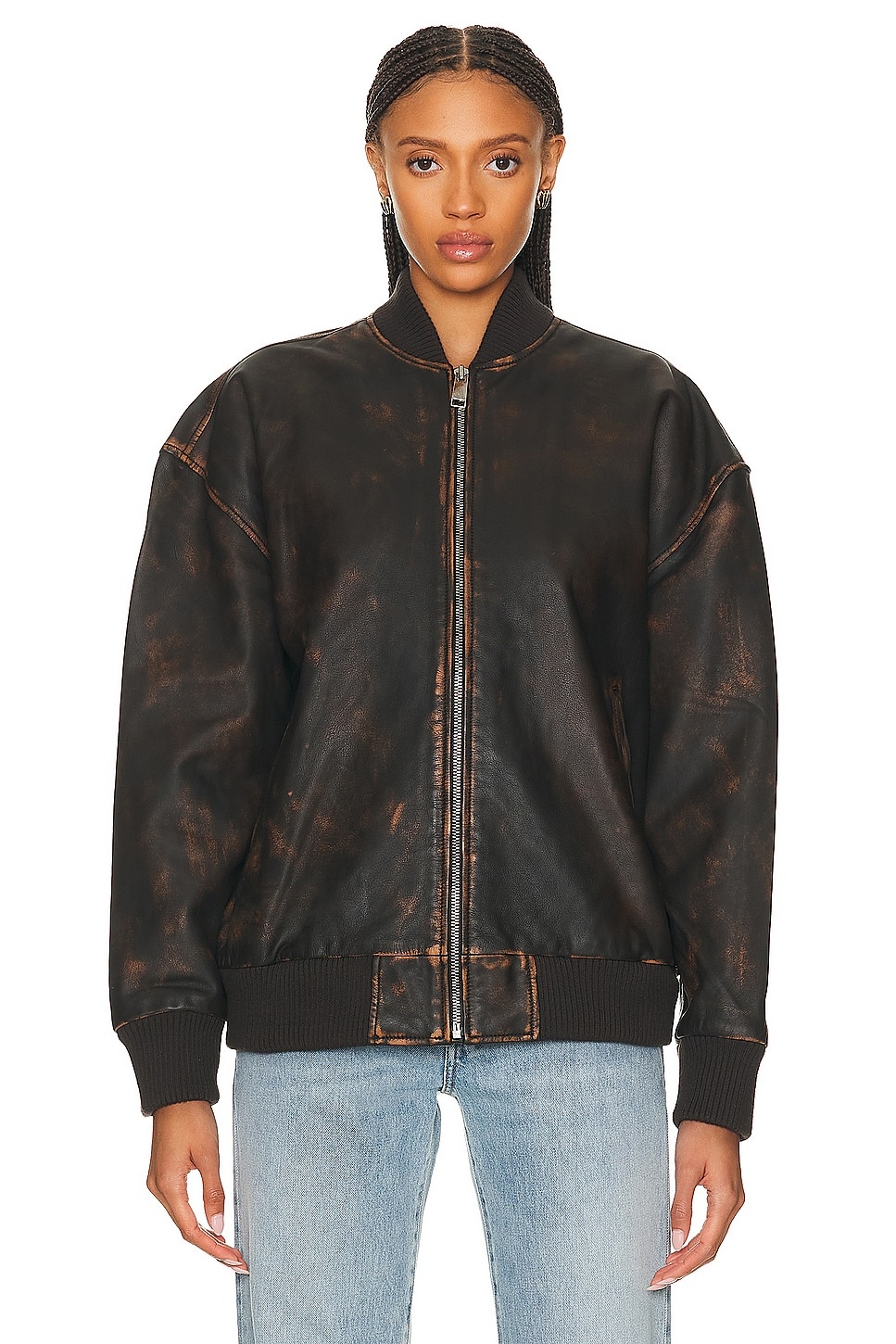 Distressed Leather Oversized Bomber - 2