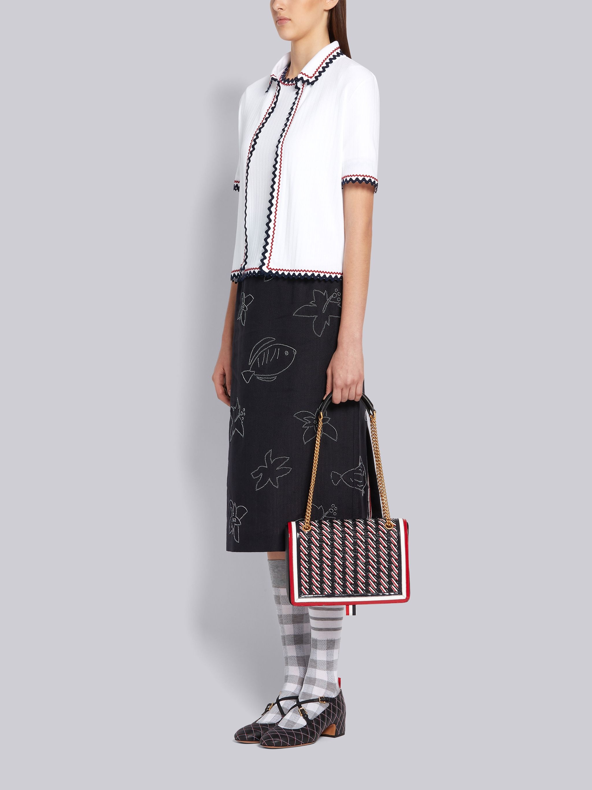 Black Grosgrain Rafia Braided Flap Leather Shoulder Bag - 6