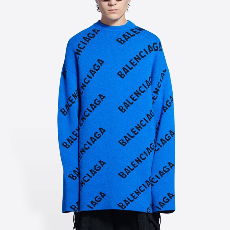 Balenciaga All Over Logo Crewneck Wool Knit Sweater 'Blue' 657400T15673964 - 3