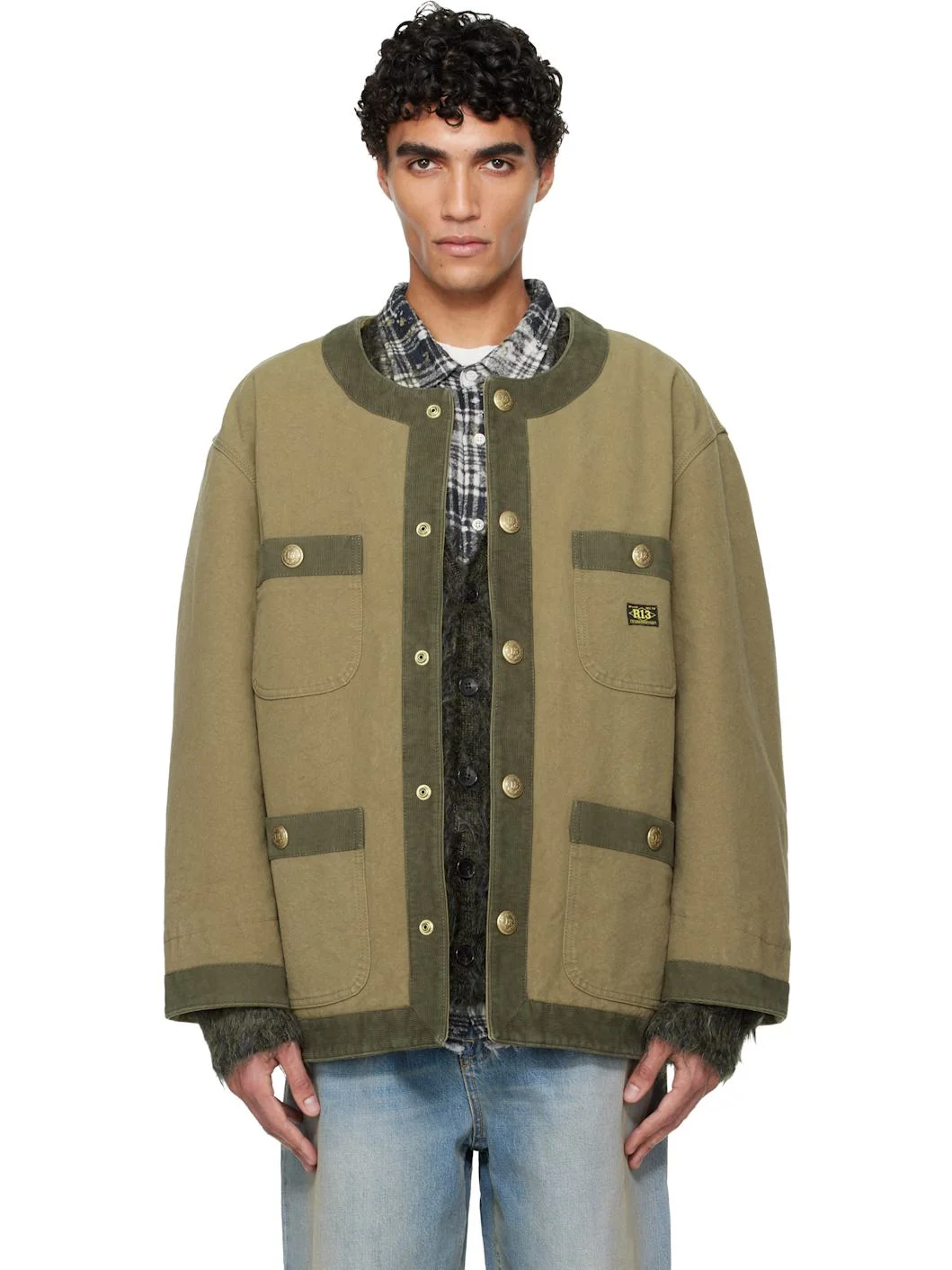 Khaki Cord Trimmed Chore Jacket - 1