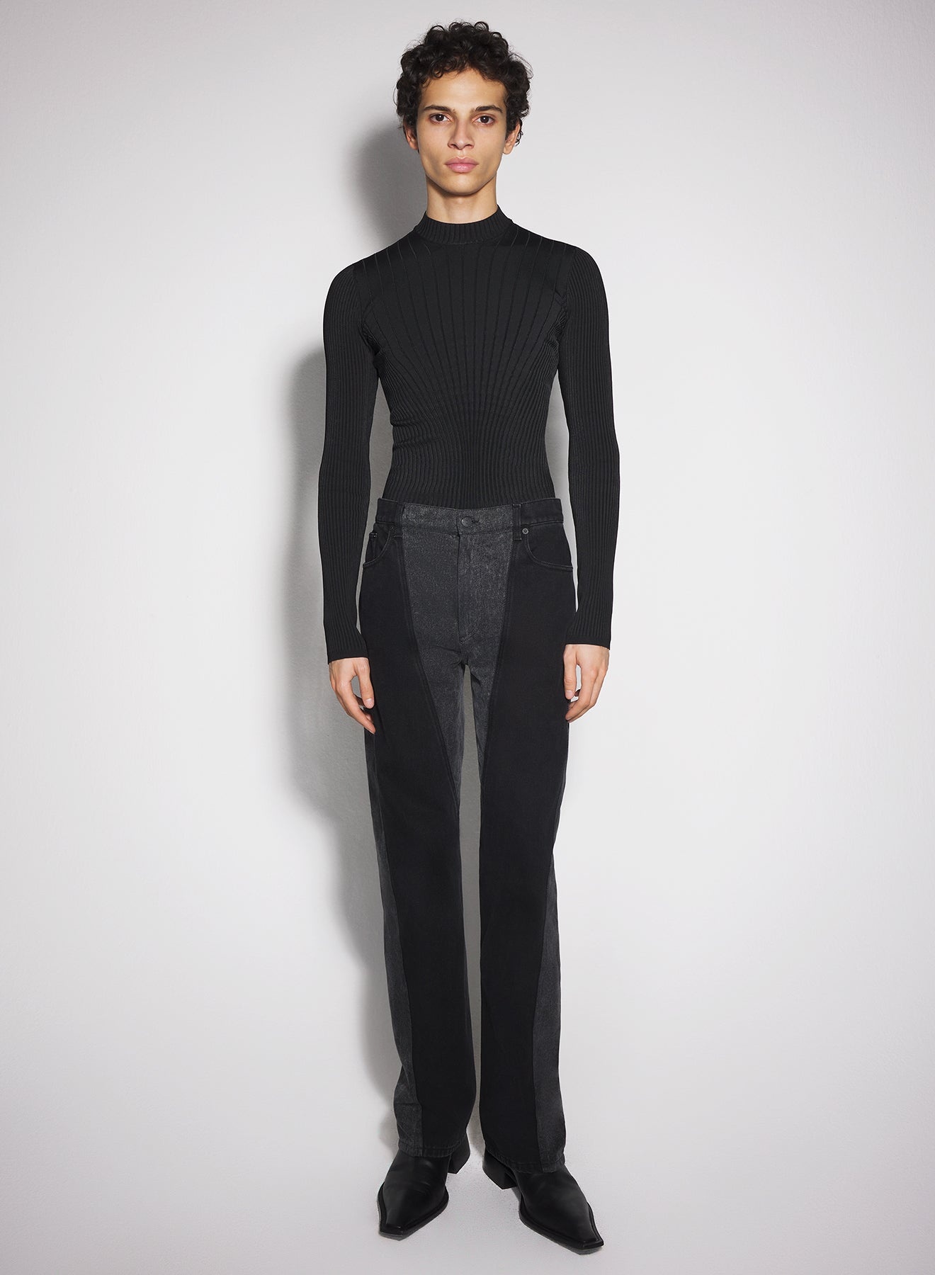 washed black bi-material straight leg jeans - 1