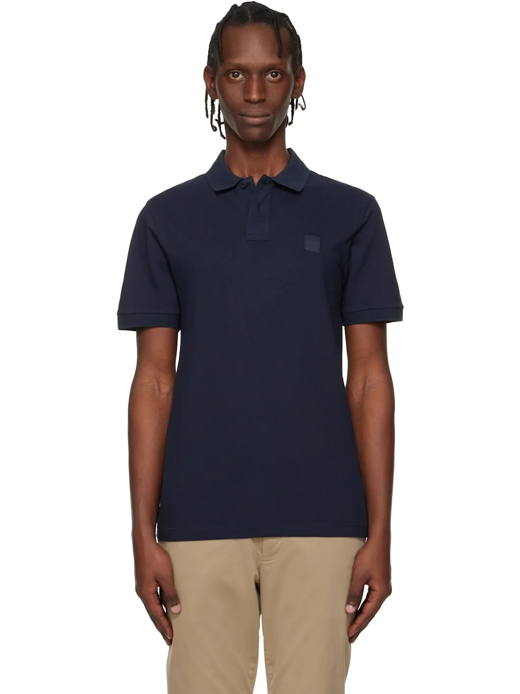 Navy Logo Patch Stretch-Cotton Slim-Fit Polo - 1
