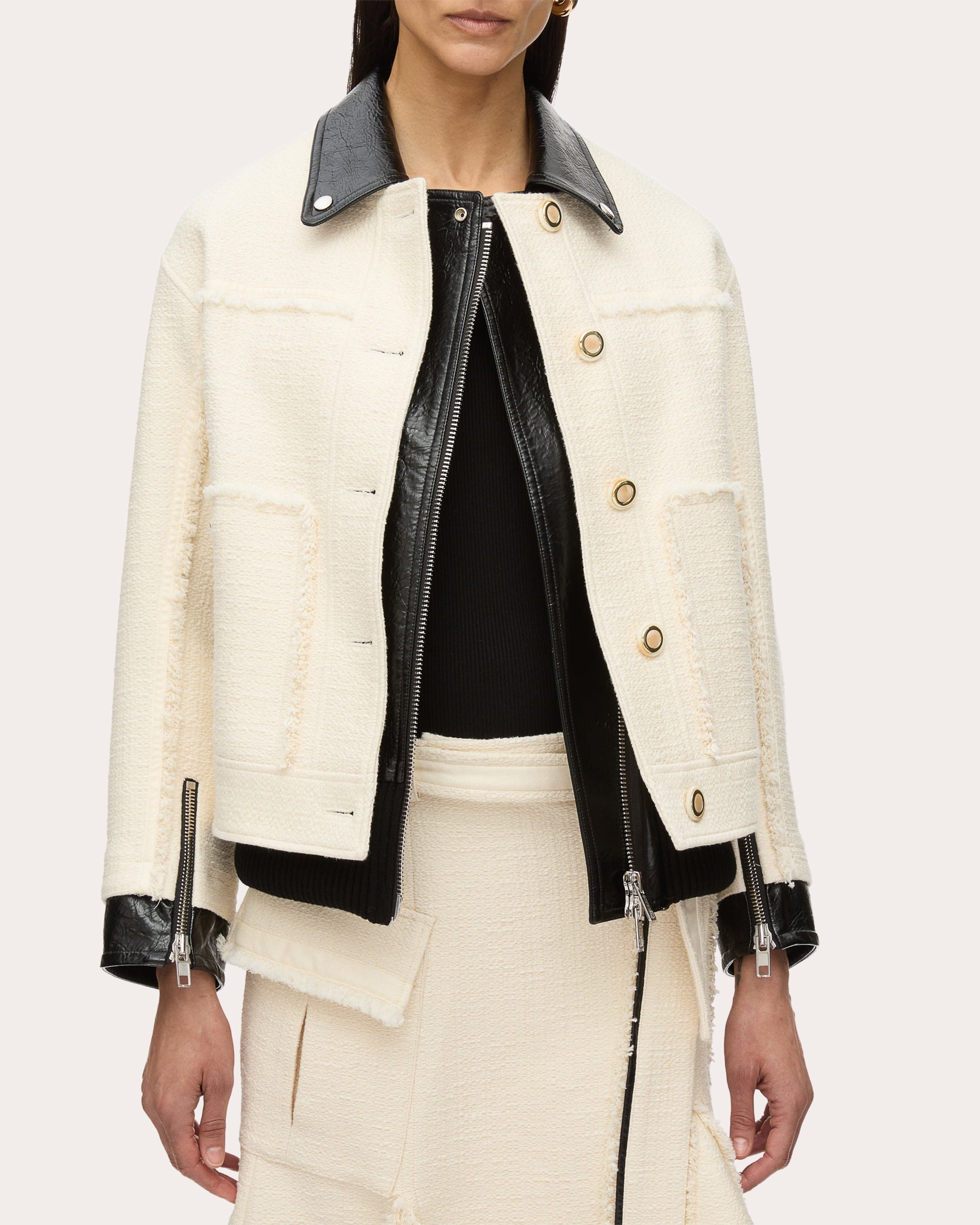 Layered Faux Leather-Trim Tweed Jacket - 1