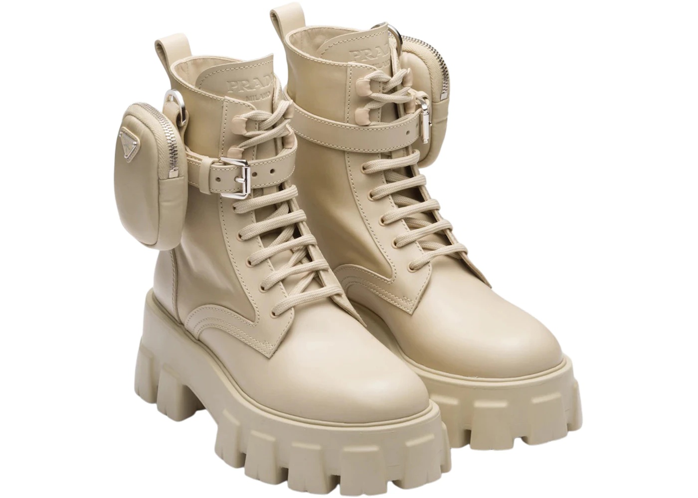 Prada Monolith 55mm Pouch Ankle Boots Desert Beige Leather - 2