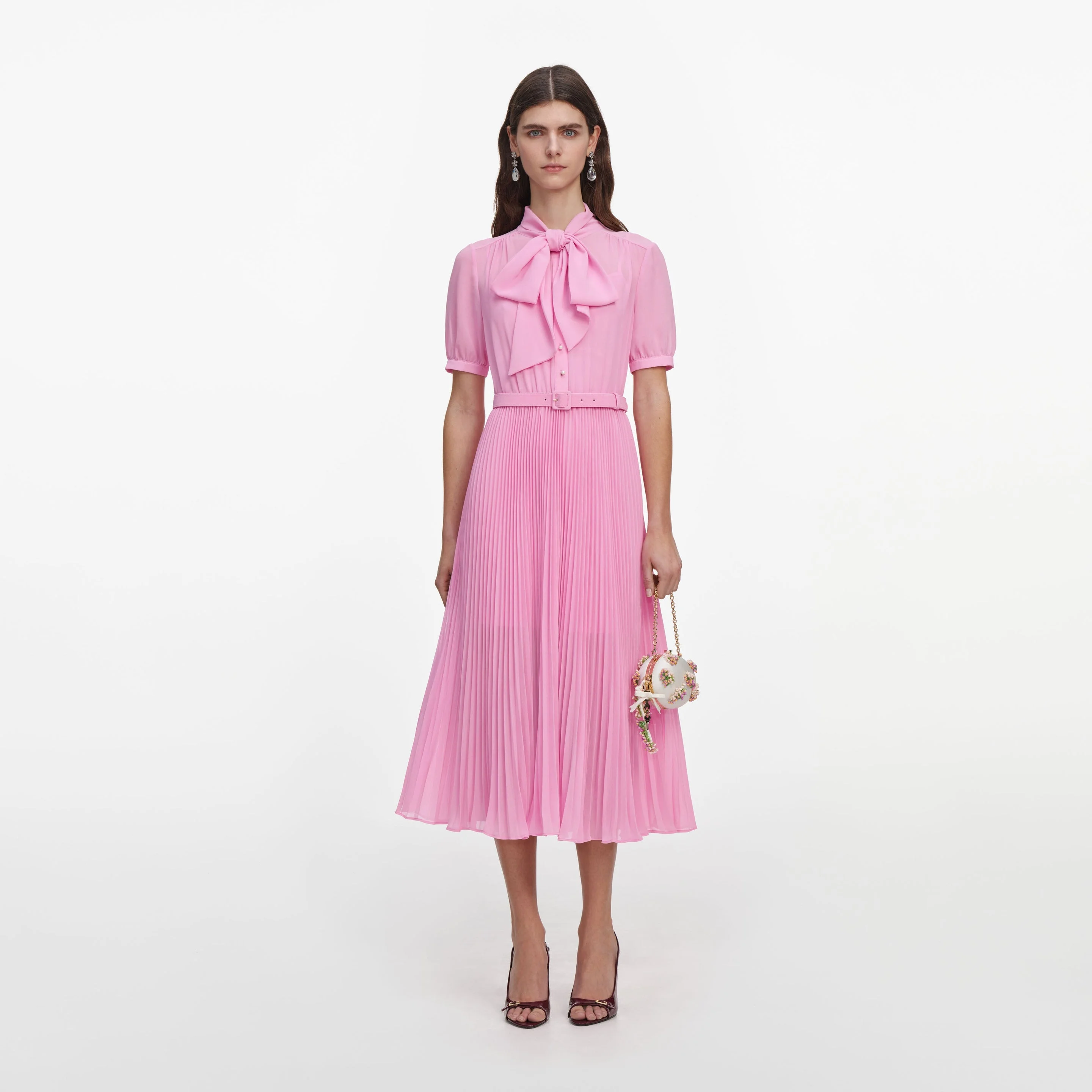 Pink Georgette Tie Neck Midi Dress - 1