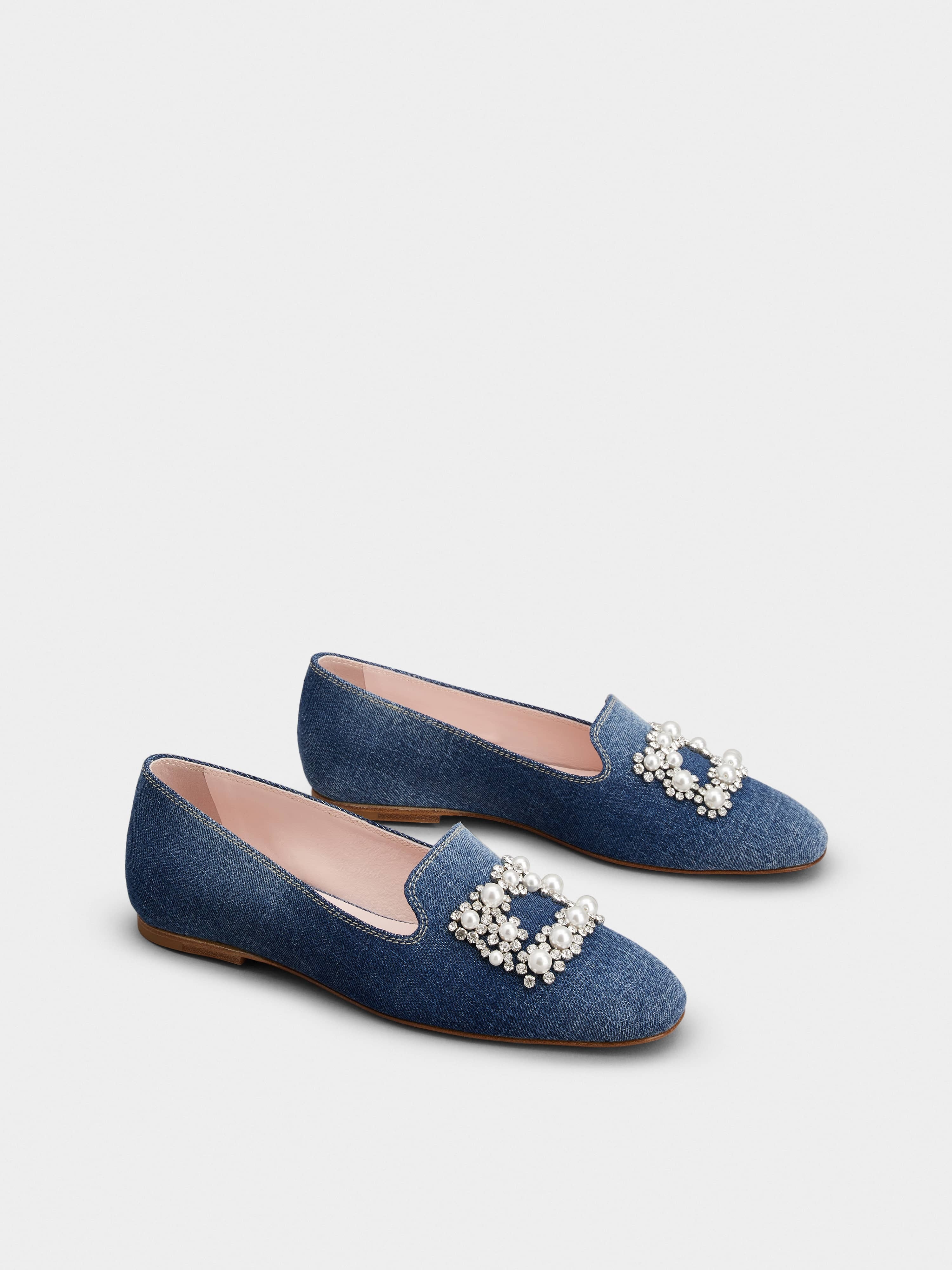 Pearl Embroidered Buckle Loafers in Denim - 2