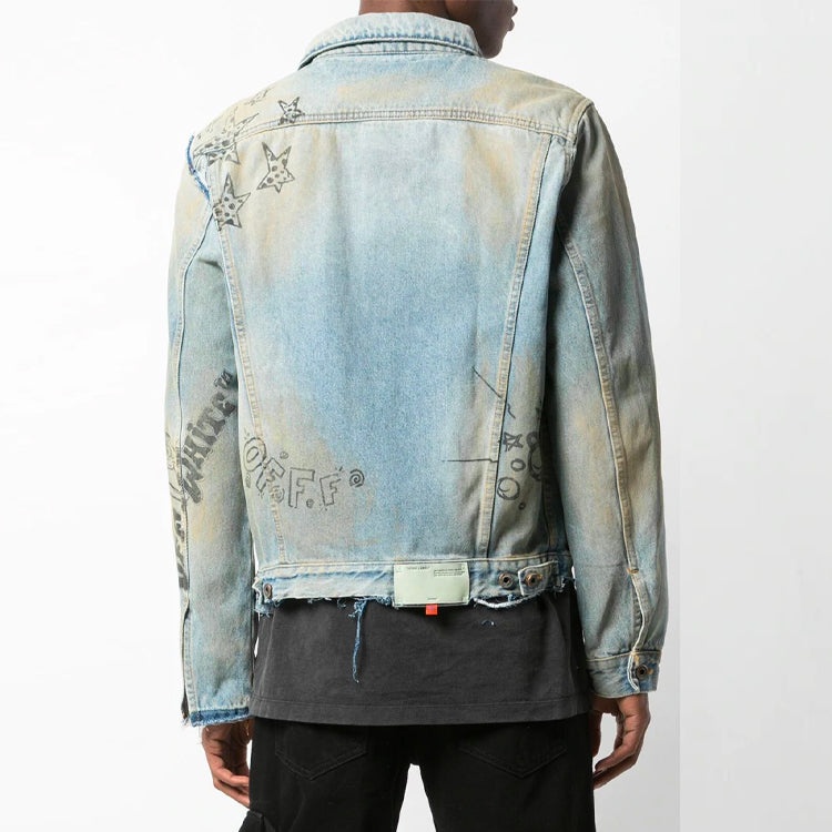Men's Off-White Graffiti Denim Blue Jacket OMYE049F193860441428 - 4