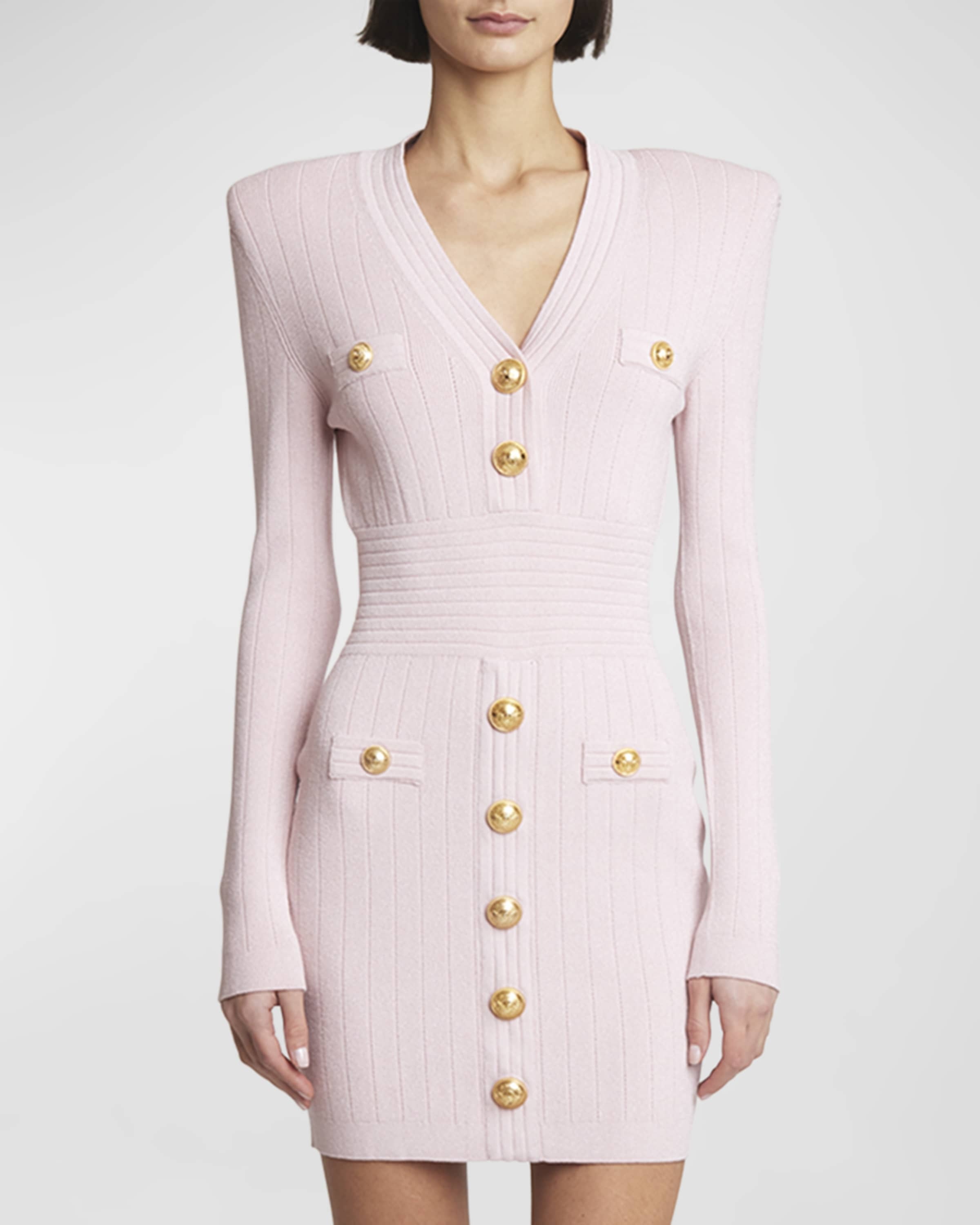 Long-Sleeve Buttoned Short Knit Dress - 2