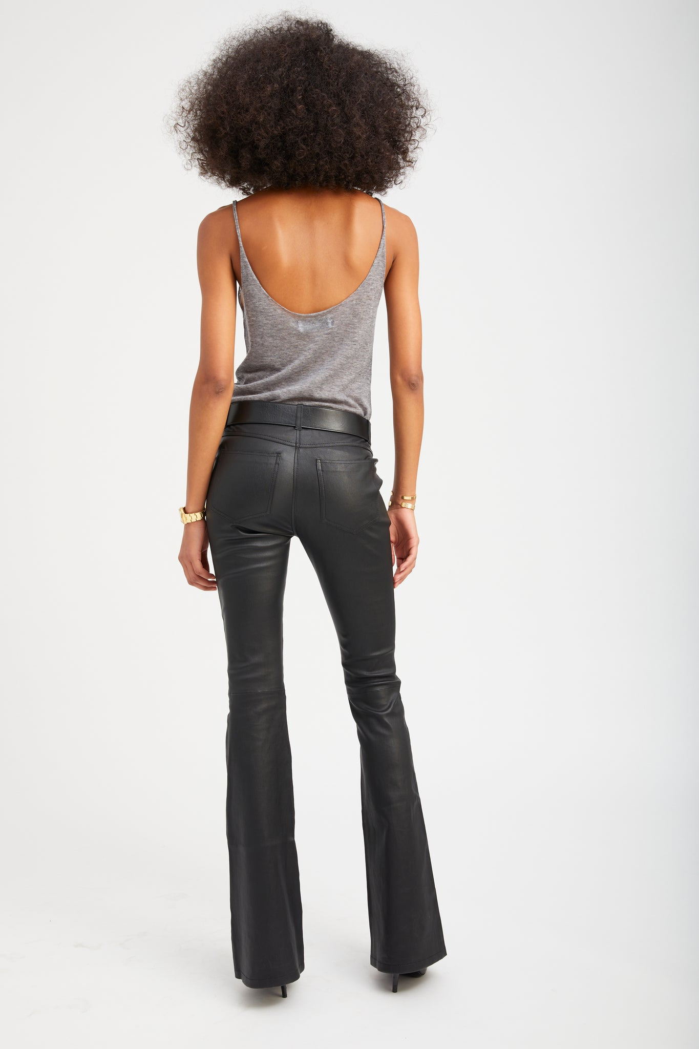 BLACK LEATHER 5 POCKET MICRO FLARE PANTS - 4
