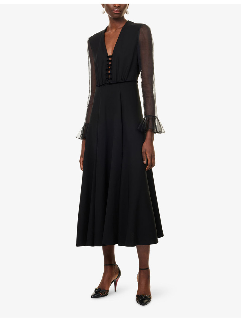 Valentino Bow-Embellished V-Neck Silk Midi Dress outlook