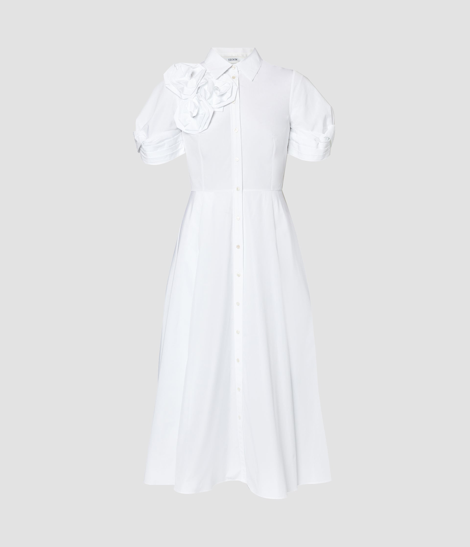 SHORT SLEEVE MIDI SHIRT DRESS WITH ROSETTES - 1