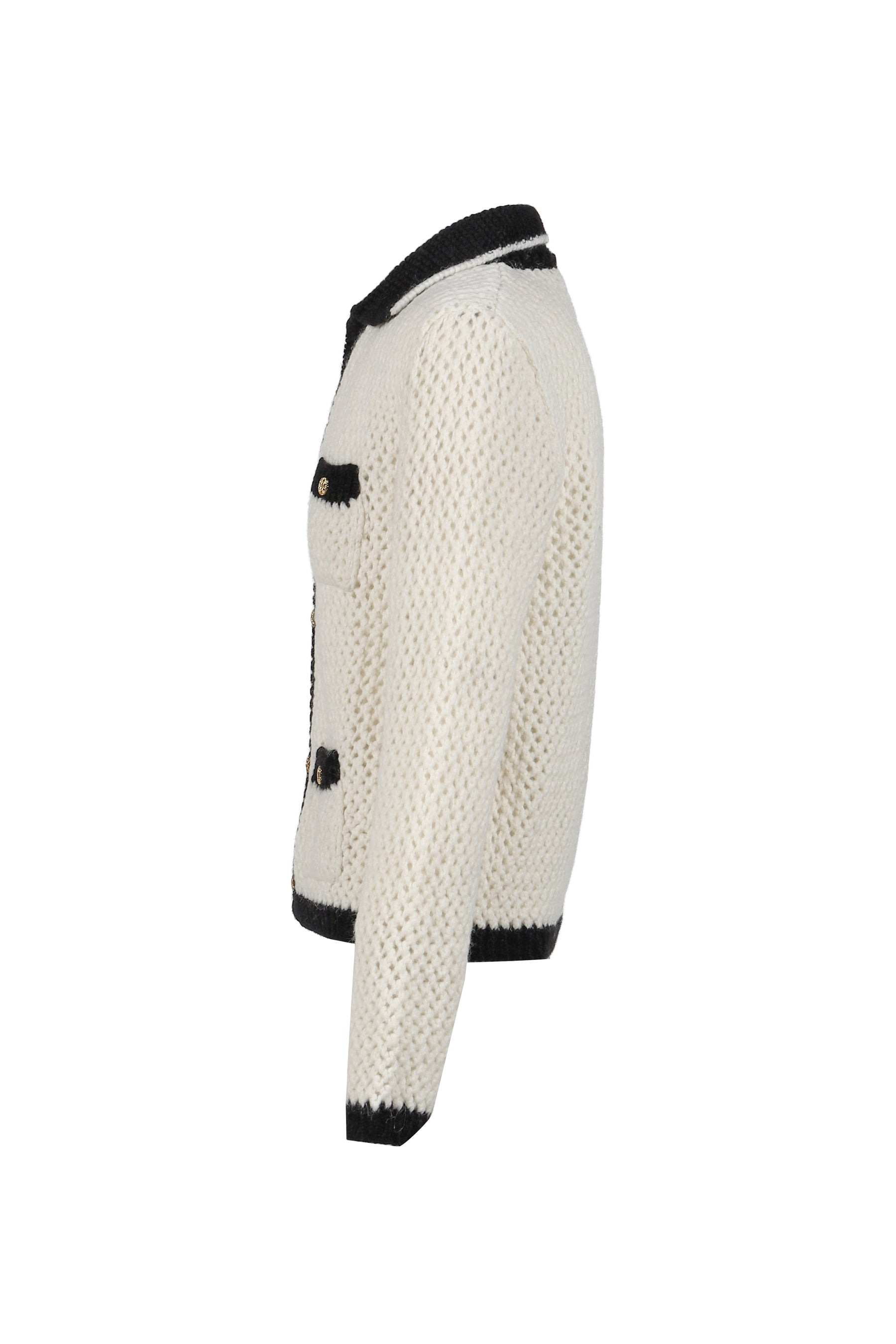 CROCHET CONTRAST POCKET CARDIGAN / WHT BLK - 3