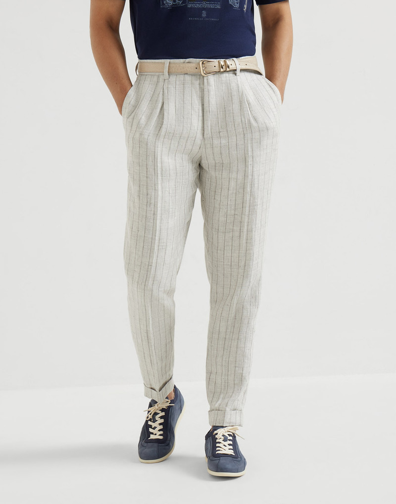 Chalk stripe linen twill trousers with pleat 2