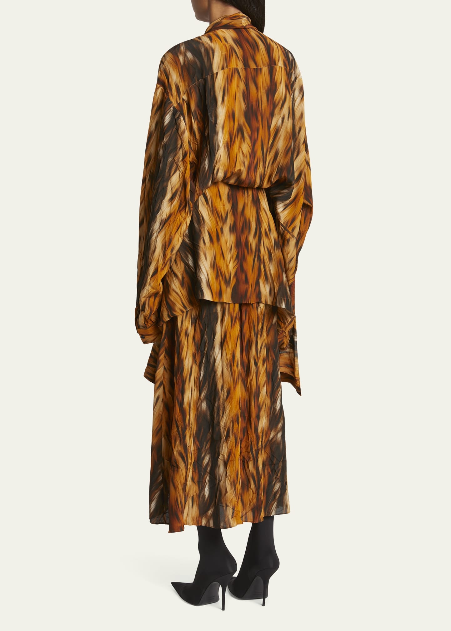 Long Fur Print Knotted Crepe Dress - 3