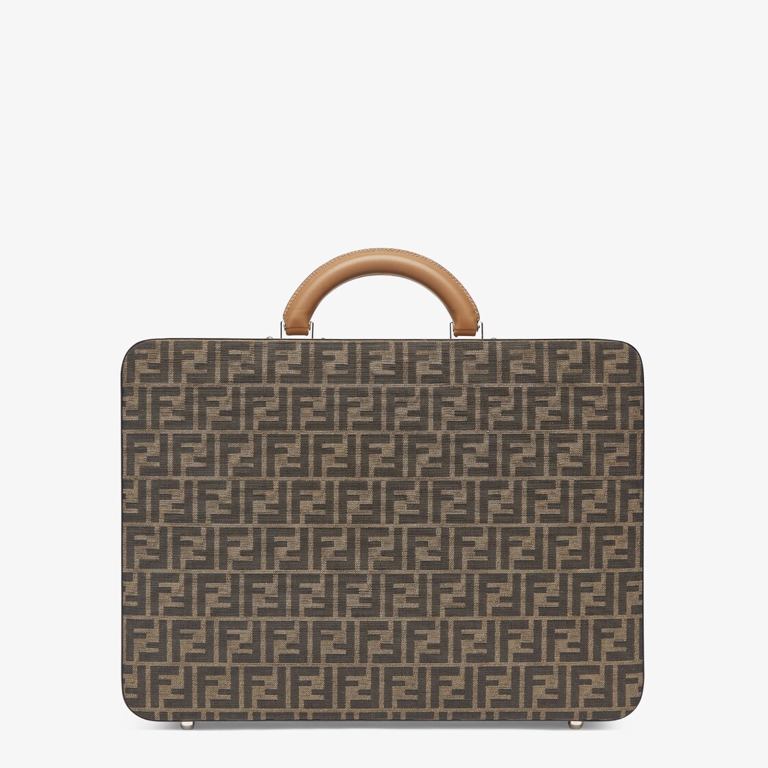 Suitcase with side opening, made of fabric with jacquard FF motif and beige leather. Snap clasp with - 3