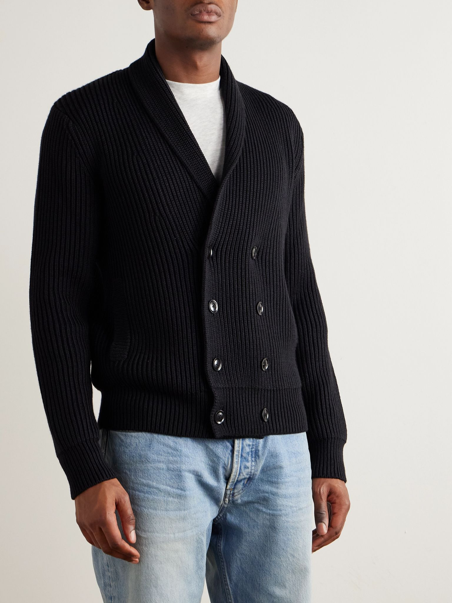 Shawl-Collar Double-Breasted Ribbed Wool and Silk-Blend Cardigan Black - 3