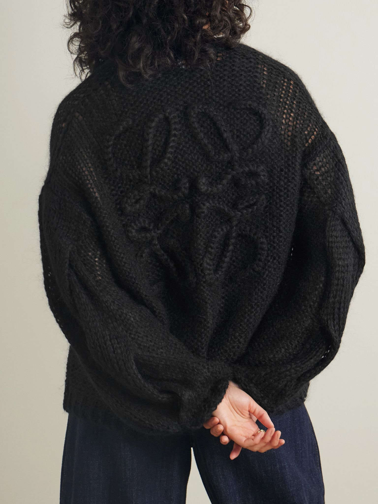 Anagram embroidered open-knit mohair-blend cardigan Black - 3