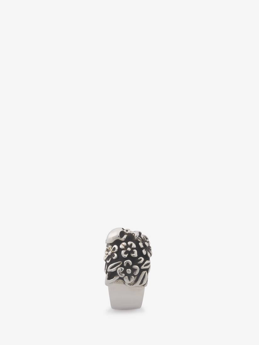 Men's The Floral Skull Ring in Antique Silver - 4