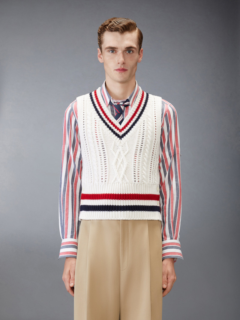 Thom Browne CHUNKY CASHMERE RWB STRIPE VEST outlook
