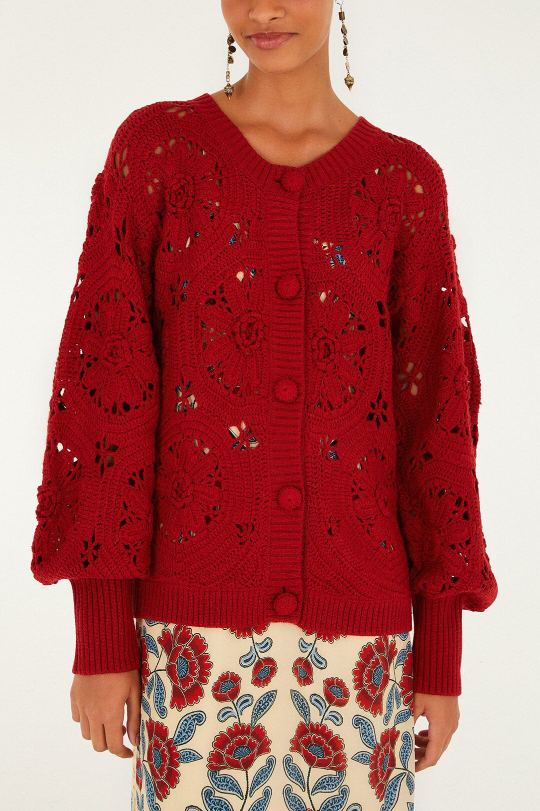 Red Crochet Flower Knit Cardigan - 3