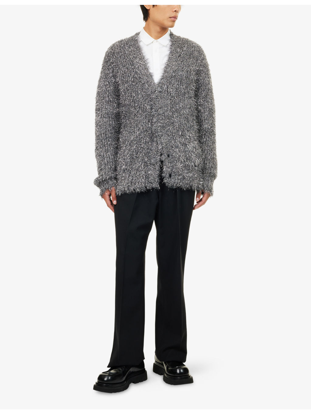 Metallic  V-Neck Textured Knitted Cardigan - 2