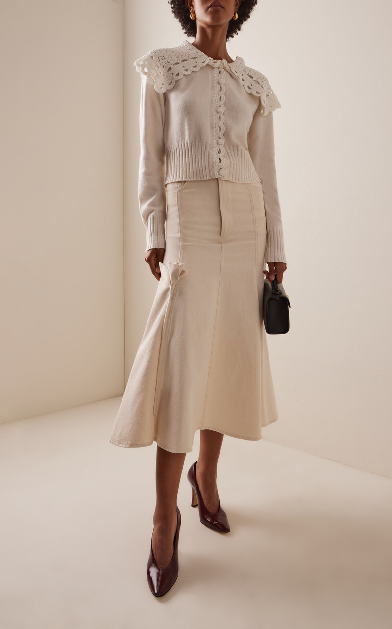 Erdem Fluted Denim Midi Skirt ivory outlook