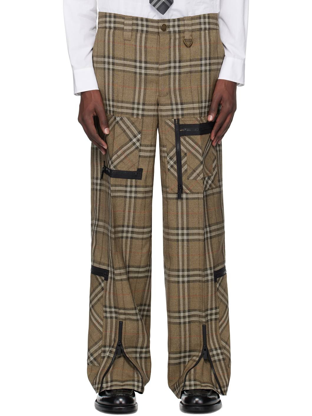 Brown Check Silk Blend Cargo Pants - 1