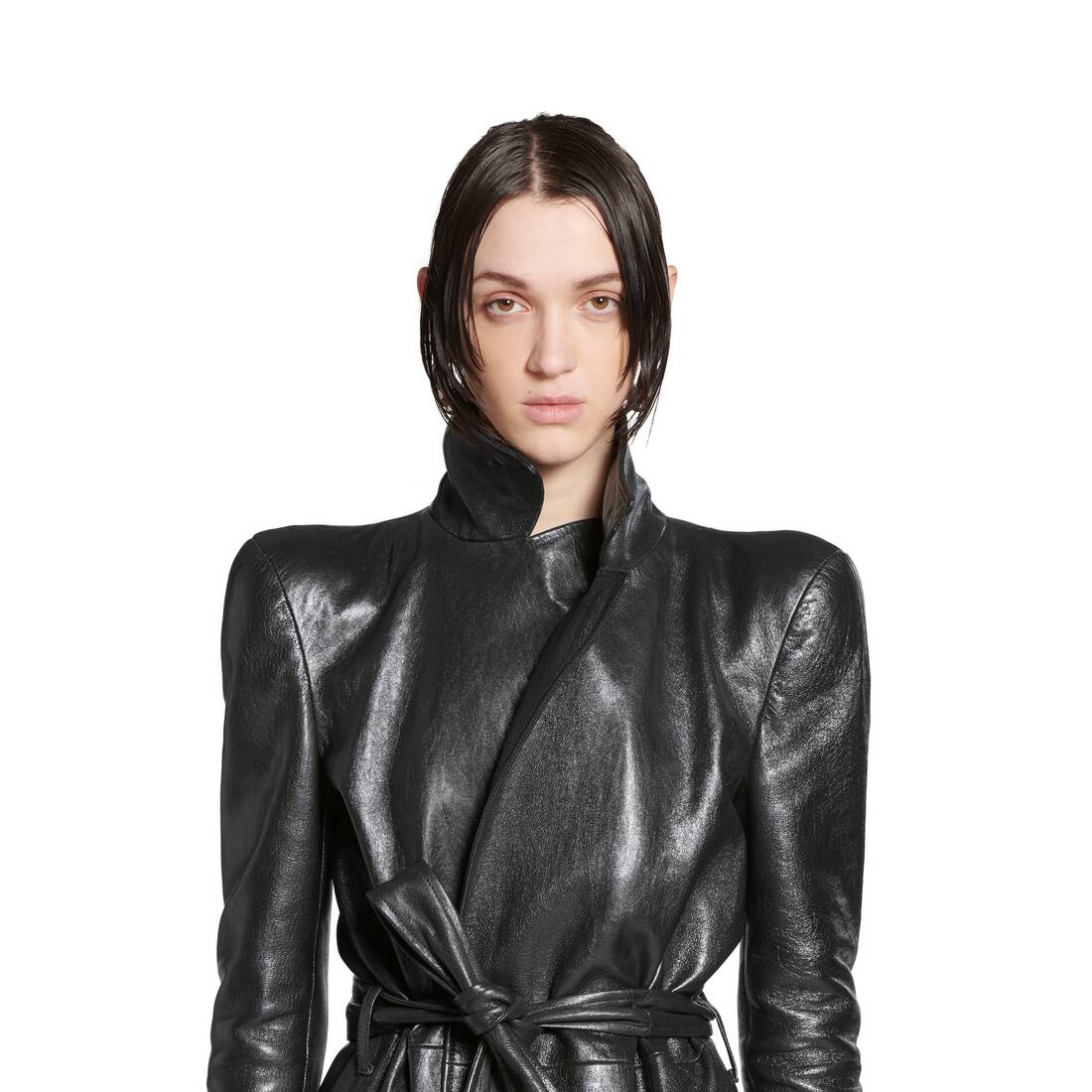 Women's Round Shoulder Maxi Trench Coat in Black - 4