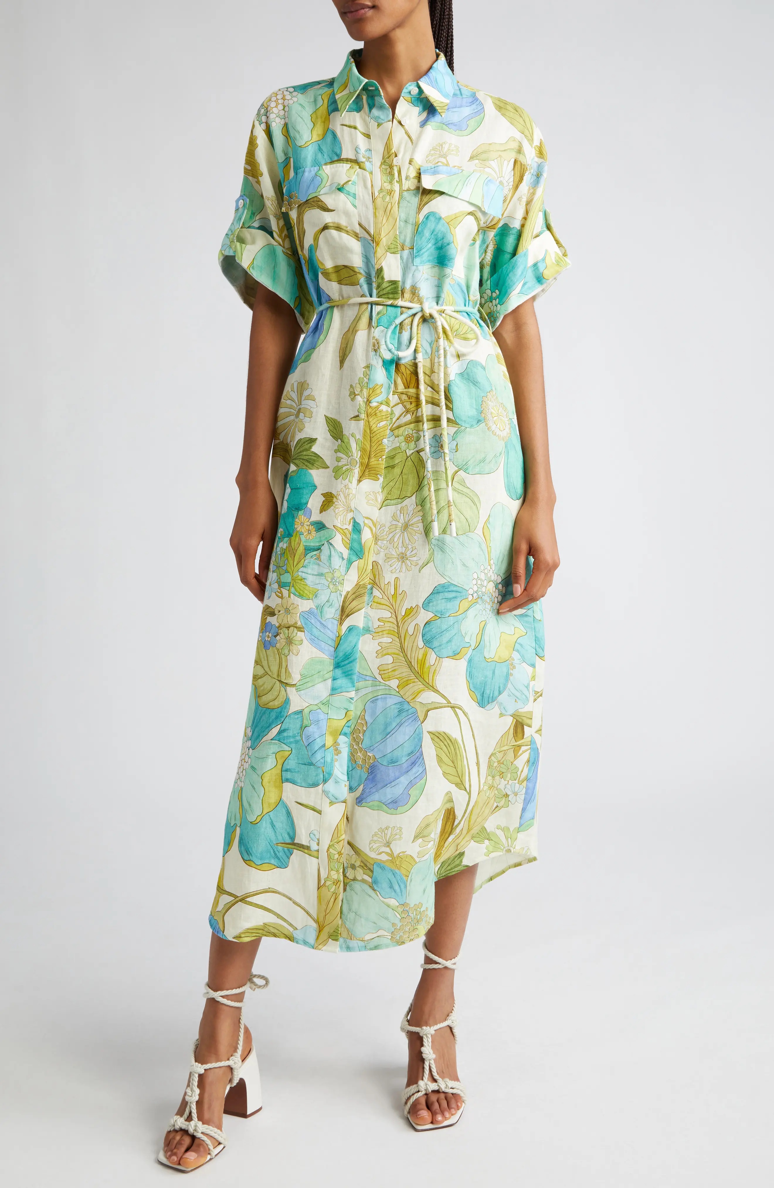 Janis Floral Print Belted Linen Midi Shirtdress - 1