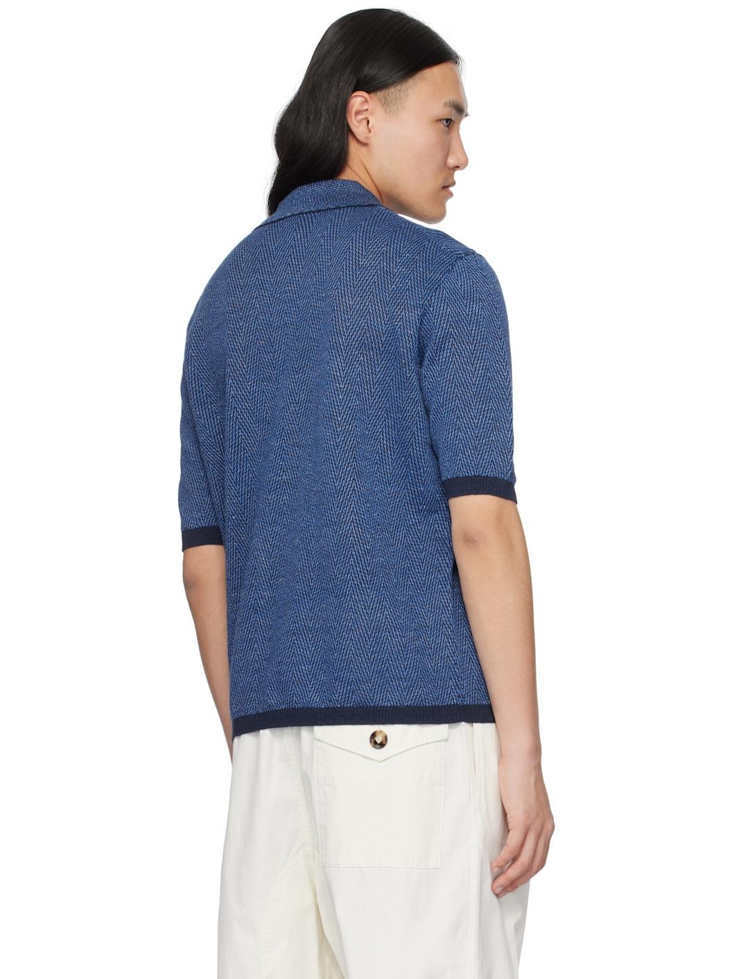 Blue Linen Chevron Knit Polo - 3