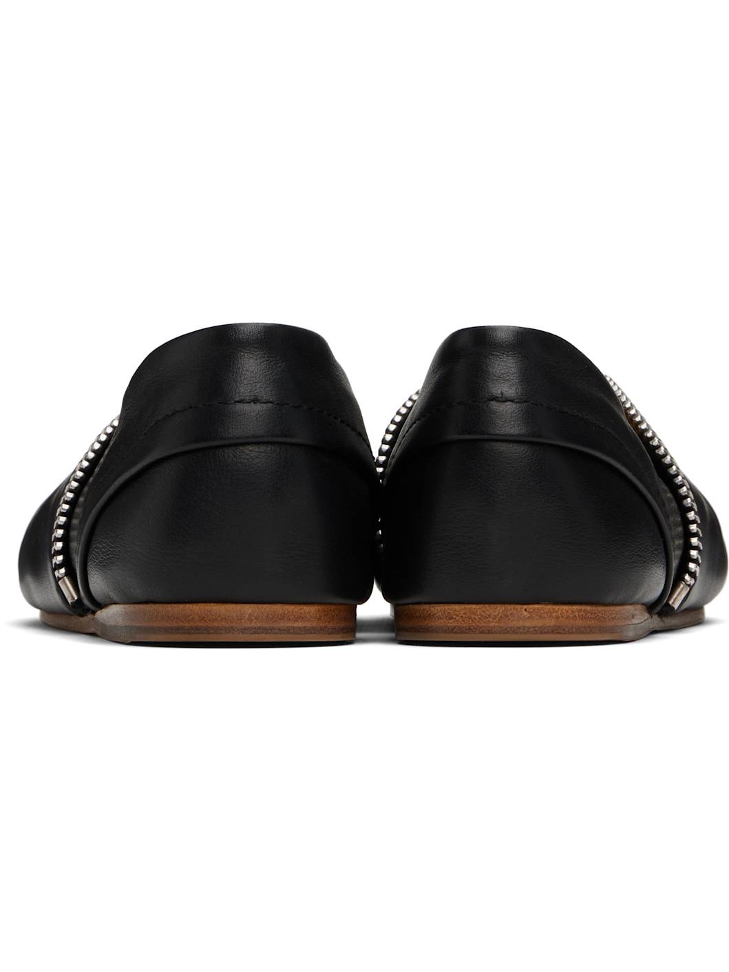 Black Biker Zip Leather Ballerina Flats - 2