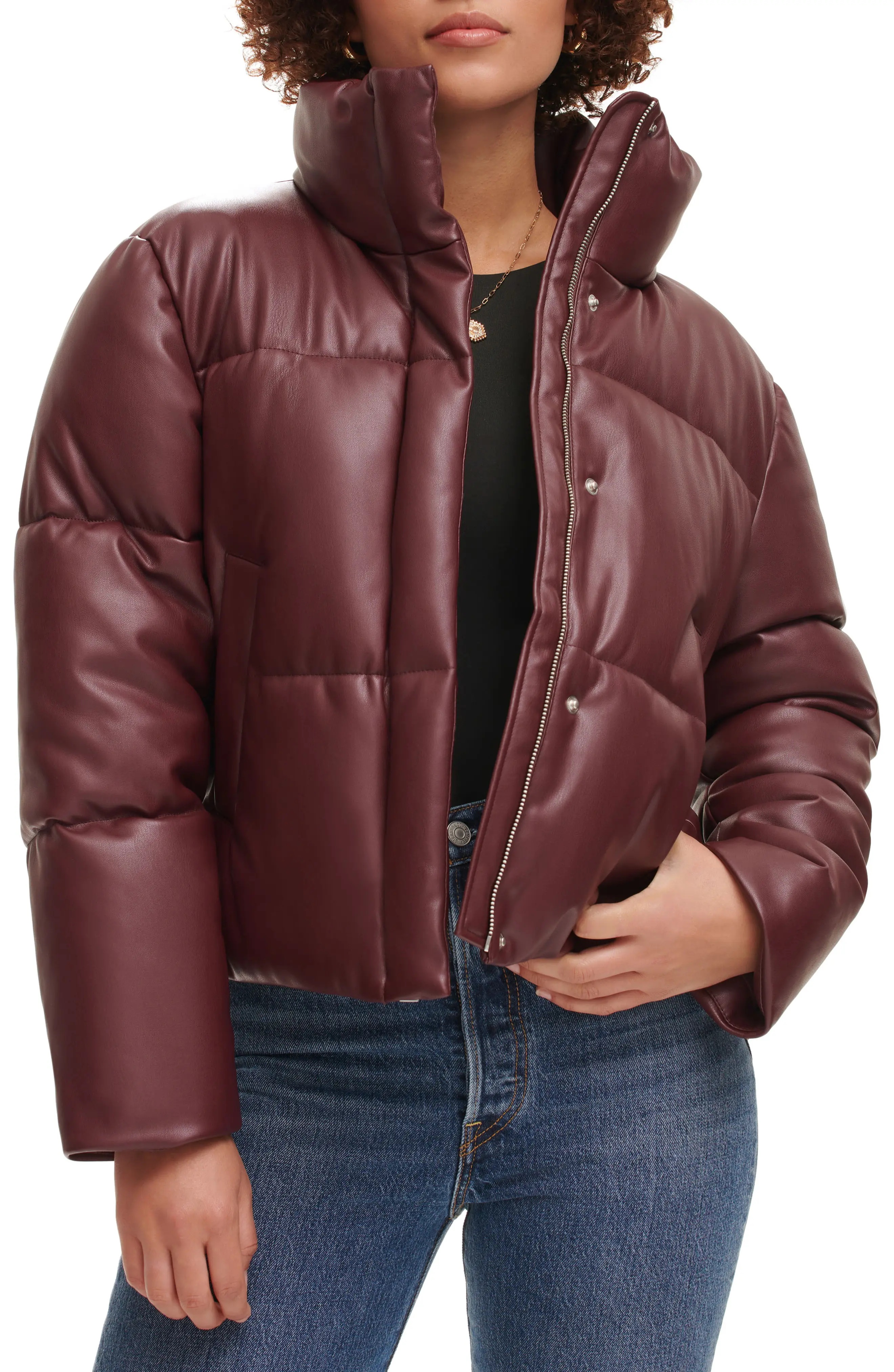 Water Resistant Faux Leather Puffer Jacket - 1