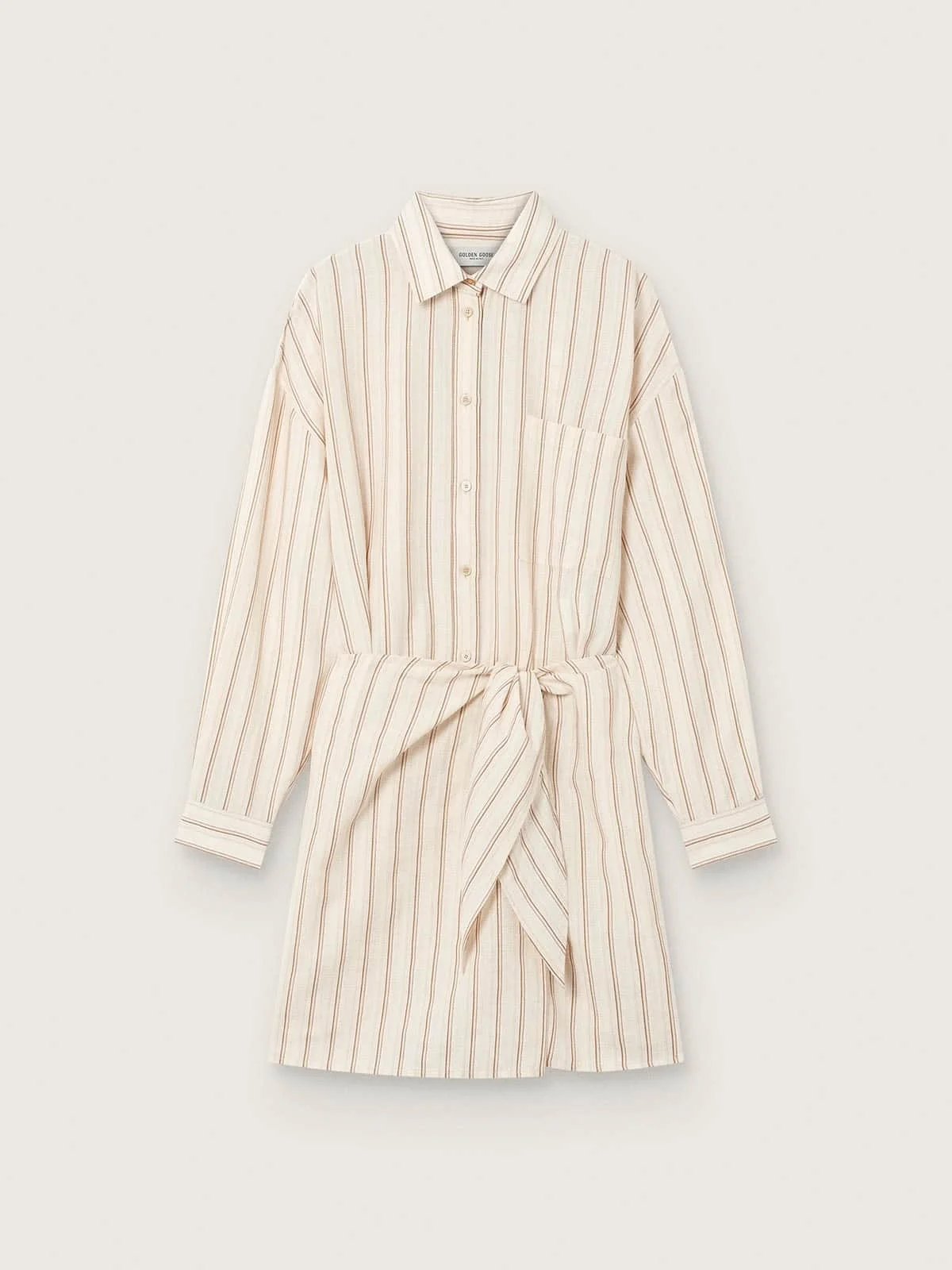 Women’s ecru cotton shirt dress with beige and brown stripes - 1